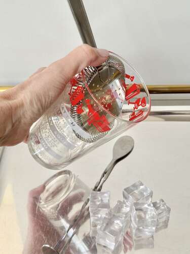 Cocktail recipe mixing jug with stirring spoon & bar strainer