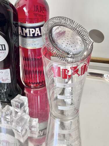 Cocktail recipe mixing jug with stirring spoon & bar strainer
