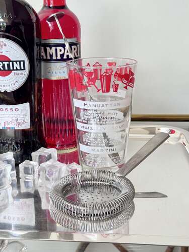 Cocktail recipe mixing jug with stirring spoon & bar strainer
