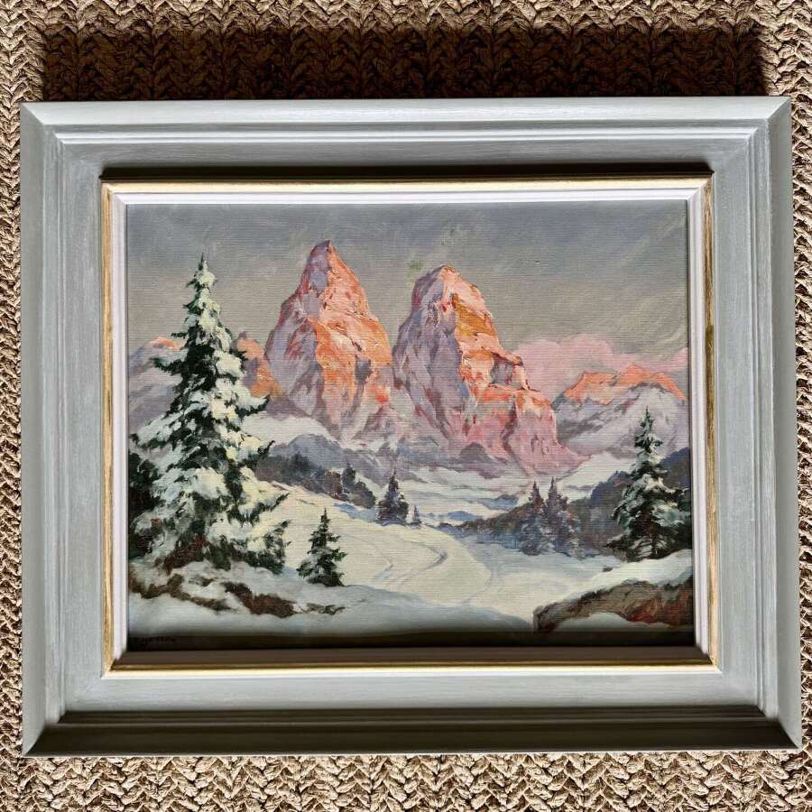 Snowy Alpine Sunset Mountain oil on canvas landscape C1940 by Roger Gershon