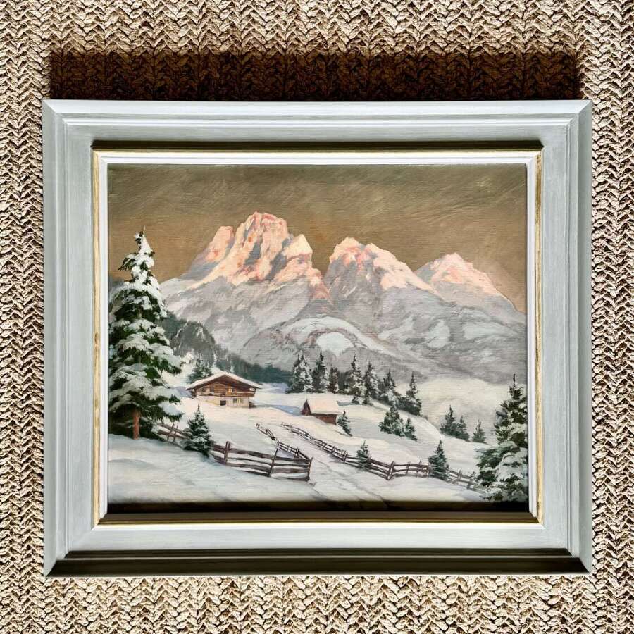 Alpine Sunset landscape with Chalet oil on canvas C1940 Roger Gershon