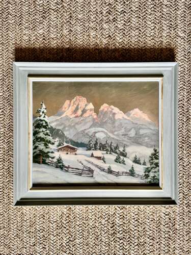 Alpine Sunset landscape with Chalet oil on canvas C1940 Roger Gershon