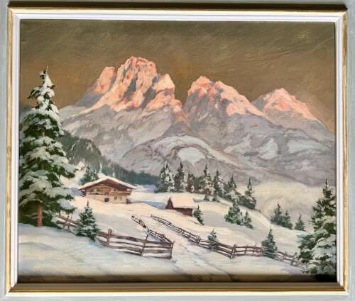 Alpine Sunset landscape with Chalet oil on canvas C1940 Roger Gershon