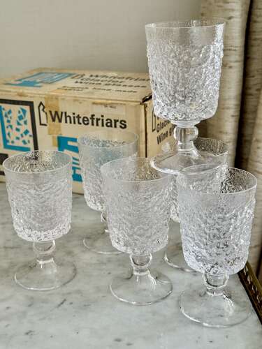 6 Whitefriars handmade crystal white wine glasses C1970