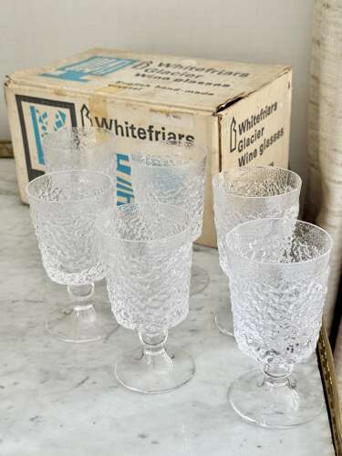 6 Whitefriars handmade crystal white wine glasses C1970