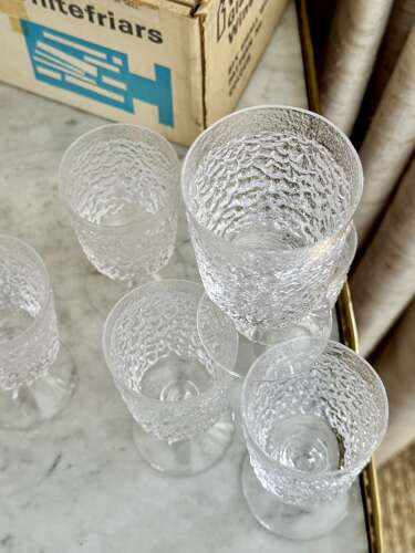 6 Whitefriars handmade crystal white wine glasses C1970
