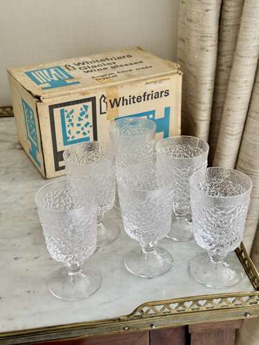 6 Whitefriars handmade crystal white wine glasses C1970