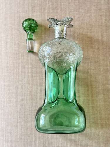 Rare Stevens & Williams silver collar & cut glass pinched Glug decanter 1909