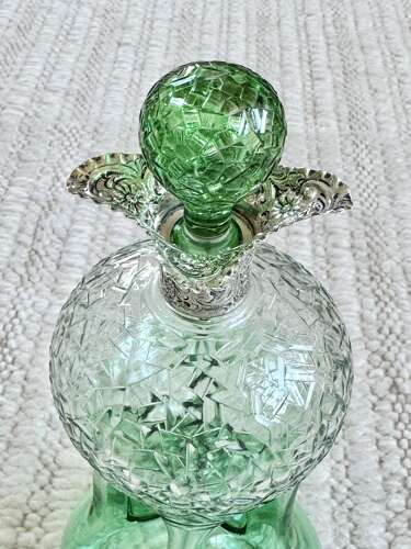Rare Stevens & Williams silver collar & cut glass pinched Glug decanter 1909