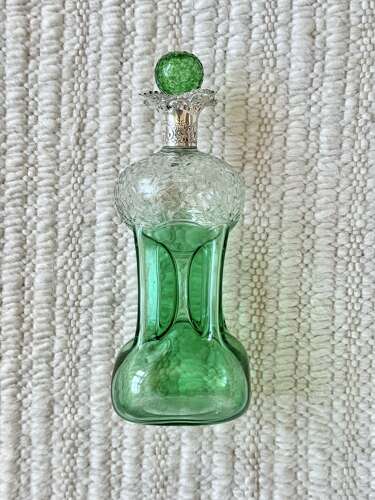 Rare Stevens & Williams silver collar & cut glass pinched Glug decanter 1909