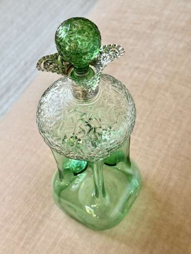 Rare Stevens & Williams silver collar & cut glass pinched Glug decanter 1909