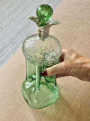 Rare Stevens & Williams silver collar & cut glass pinched Glug decanter 1909
