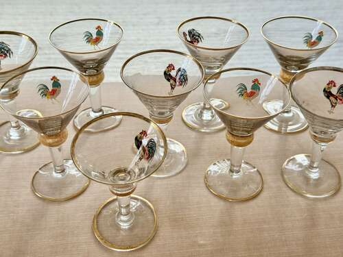 9 art Deco enamelled cockerel painted & gold rim cocktail glasses