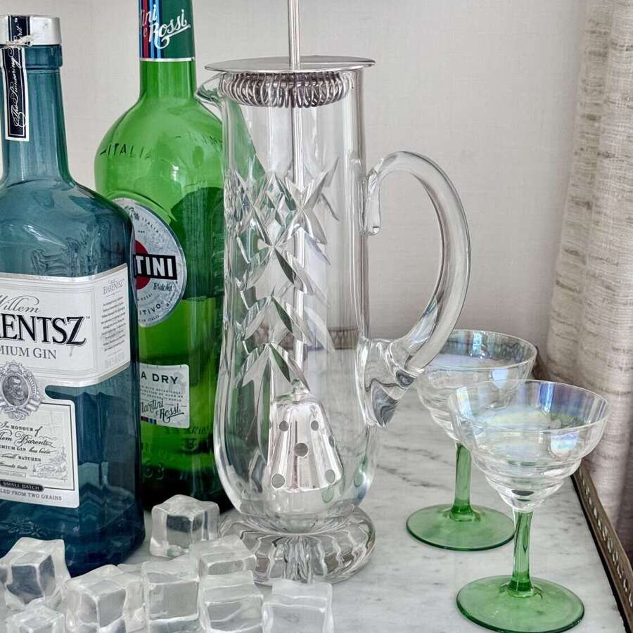 Silver plated & crystal cocktail mixing jug & strainer C1940