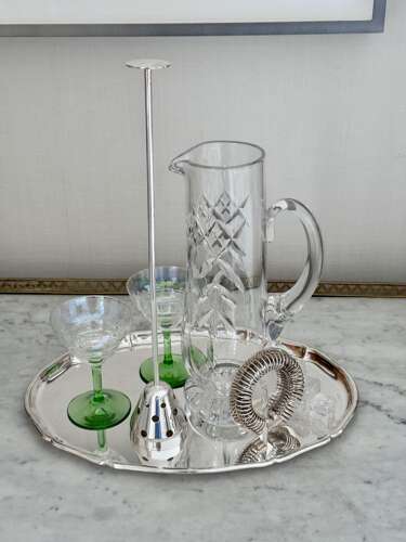 Silver plated & crystal cocktail mixing jug & strainer C1940