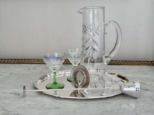 Silver plated & crystal cocktail mixing jug & strainer C1940