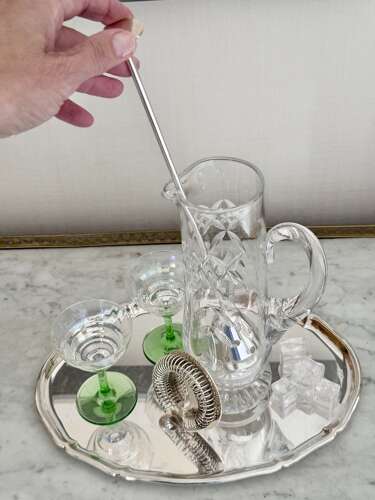 Silver plated & crystal cocktail mixing jug & strainer C1940