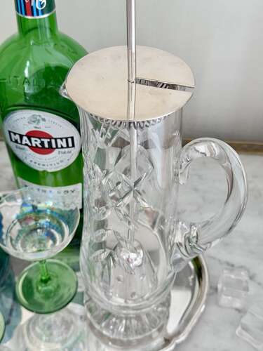 Silver plated & crystal cocktail mixing jug & strainer C1940