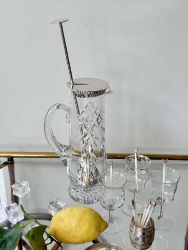Silver plated & crystal cocktail mixing jug & strainer C1940