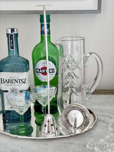 Silver plated & crystal cocktail mixing jug & strainer C1940