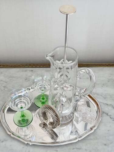 Silver plated & crystal cocktail mixing jug & strainer C1940