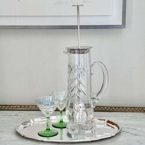 Silver plated & crystal cocktail mixing jug & strainer C1940
