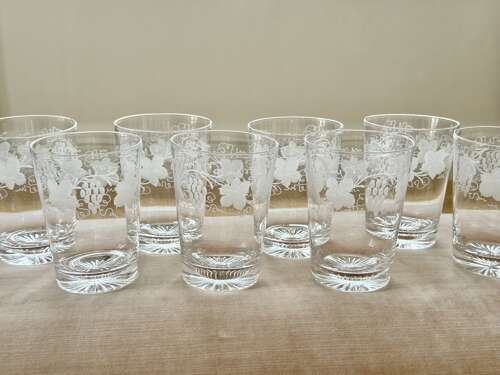 9 Exquisite Victorian vine etched tumblers C1890