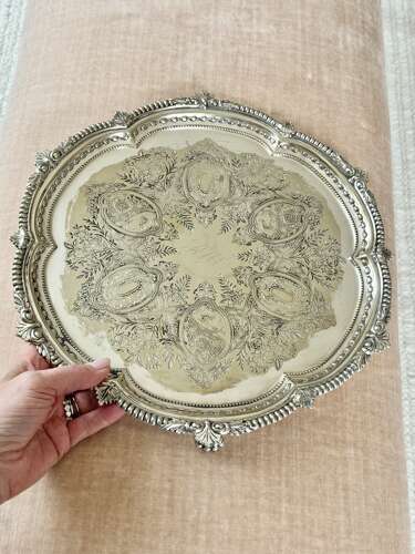 Victorian round old Sheffield silver plated tray on Lion’s Paw feet