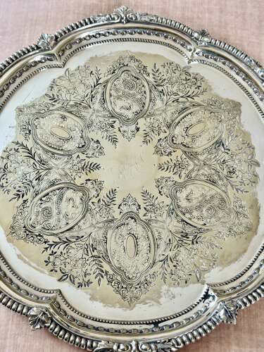 Victorian round old Sheffield silver plated tray on Lion’s Paw feet