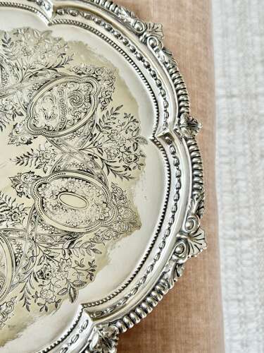 Victorian round old Sheffield silver plated tray on Lion’s Paw feet