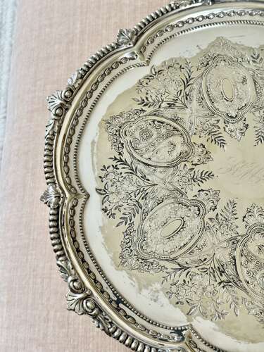 Victorian round old Sheffield silver plated tray on Lion’s Paw feet