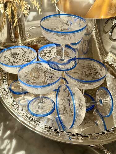 6 Art Deco etched champagne coupes with blue enamel rims