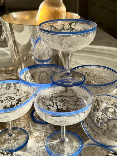 6 Art Deco etched champagne coupes with blue enamel rims