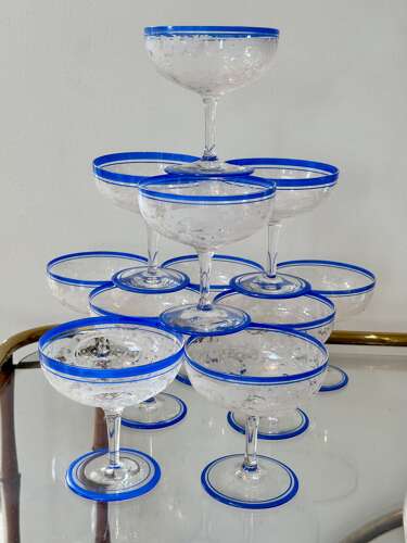 6 Art Deco etched champagne coupes with blue enamel rims