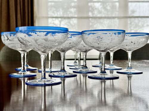 6 Art Deco etched champagne coupes with blue enamel rims