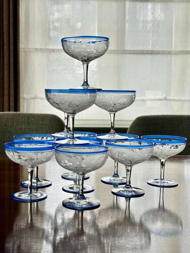 6 Art Deco etched champagne coupes with blue enamel rims