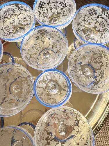6 Art Deco etched champagne coupes with blue enamel rims