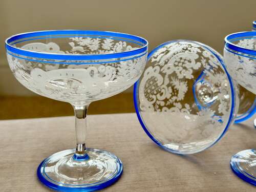 6 Art Deco etched champagne coupes with blue enamel rims