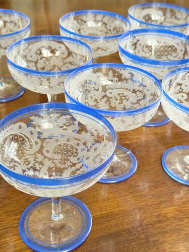 6 Art Deco etched champagne coupes with blue enamel rims