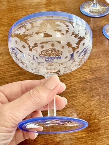 6 Art Deco etched champagne coupes with blue enamel rims