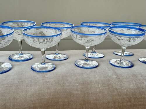 6 Art Deco etched champagne coupes with blue enamel rims