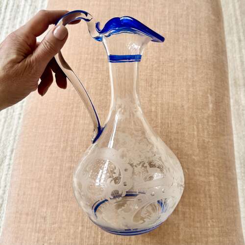 Art Deco Etched Claret Jug With Blue Enamel Rims