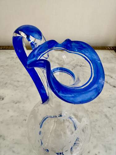 Art Deco Etched Claret Jug With Blue Enamel Rims