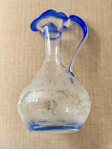 Art Deco Etched Claret Jug With Blue Enamel Rims