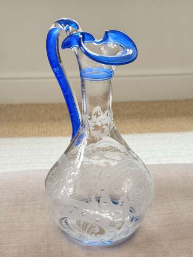 Art Deco Etched Claret Jug With Blue Enamel Rims