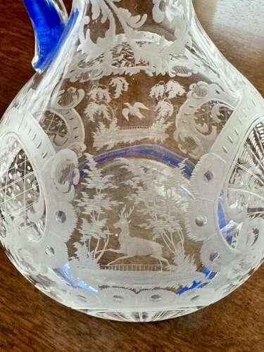 Art Deco Etched Claret Jug With Blue Enamel Rims