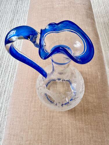 Art Deco Etched Claret Jug With Blue Enamel Rims
