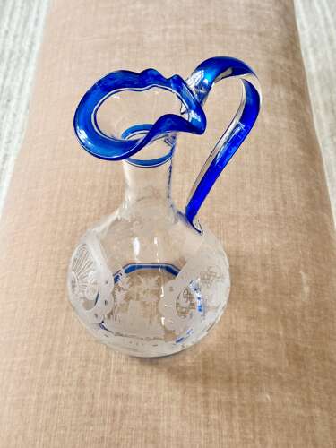 Art Deco Etched Claret Jug With Blue Enamel Rims