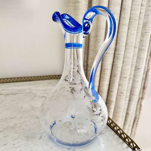 Art Deco Etched Claret Jug With Blue Enamel Rims