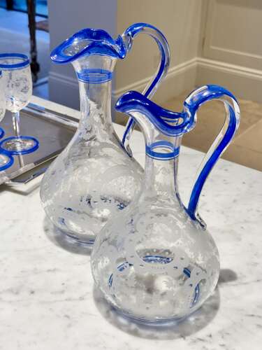 Art Deco Etched Claret Jug With Blue Enamel Rims